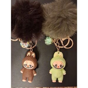 2 Labubu Brown & Light Green Puff Keychains With Trinket Balls That Move New